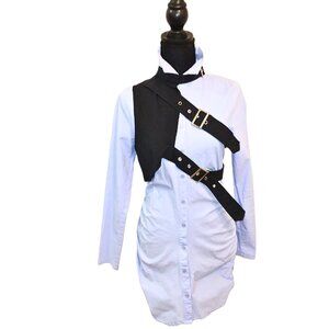 WOMEN'S BLUE BUTTON UP SHIRT DRESS W/ BLACK BUCKLE UP HALF VEST